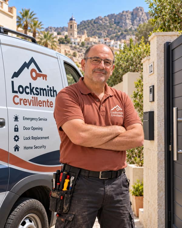 A man in glasses and a rust polo stands with his arms folded beside a white lettered van, a tool pouch on his belt and a dark garden gate behind him