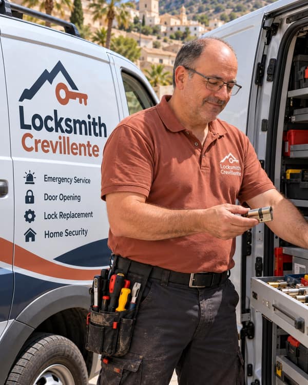 At the open side door of a van, a man in a rust polo examines a brass euro cylinder in his hand above a drawer of spare cylinders