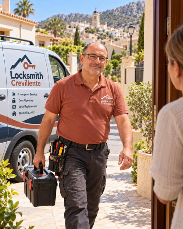 A man in a rust-coloured polo walks up a paved path with a black tool case, smiling at a woman who holds her front door open